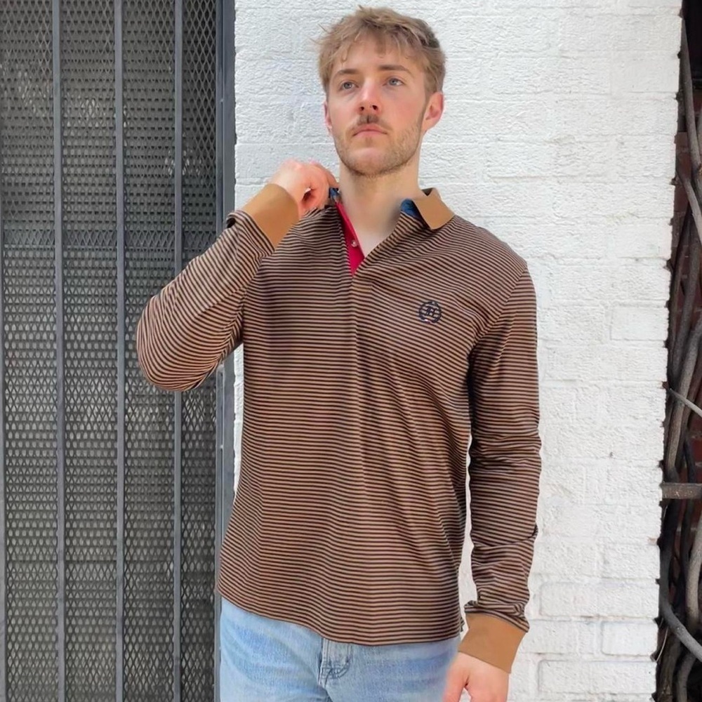 NWOT Tommy Hilfiger Rugby Polo Shirt Sz L Black & beige Striped Long Sleeve